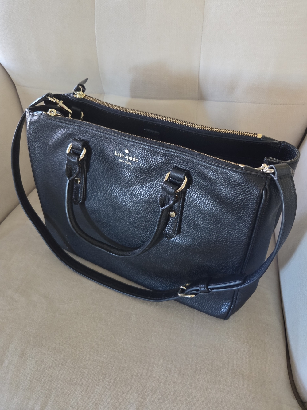 kate spade Black Pebbled Leather Shoulder Tote with Gold Hardware